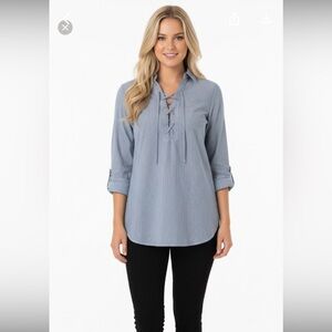 COMO black medium blue striped lace up blouse